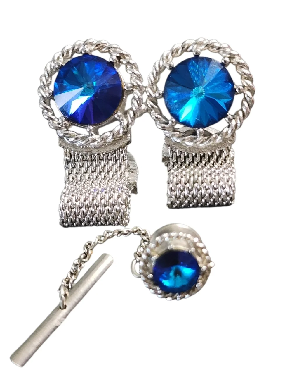 Dante Silvertone Tie Clip Cufflink Set Mesh Blue Rivoli Crystals Vintage